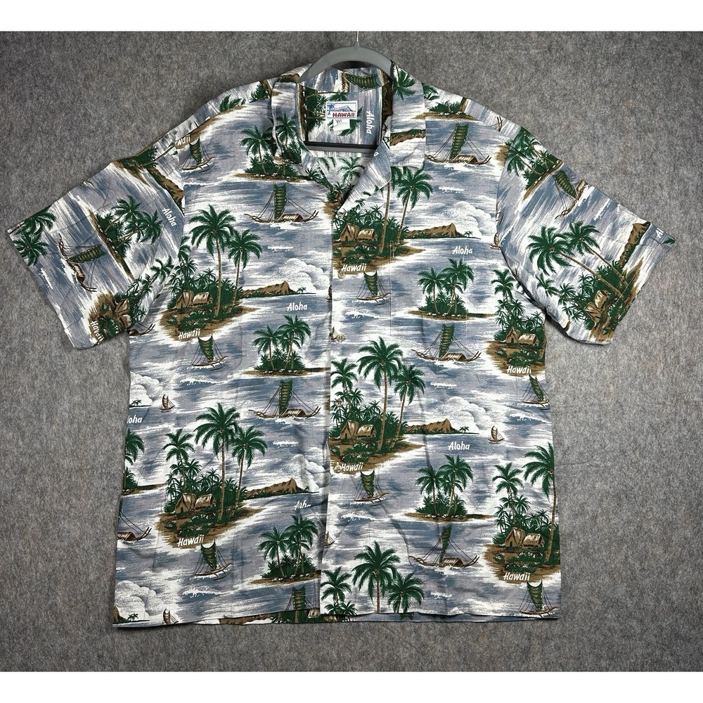 Vintage Made in Hawaii 3XL Aloha Shirt Palm Tree Island Scene Hawaiian Button Up